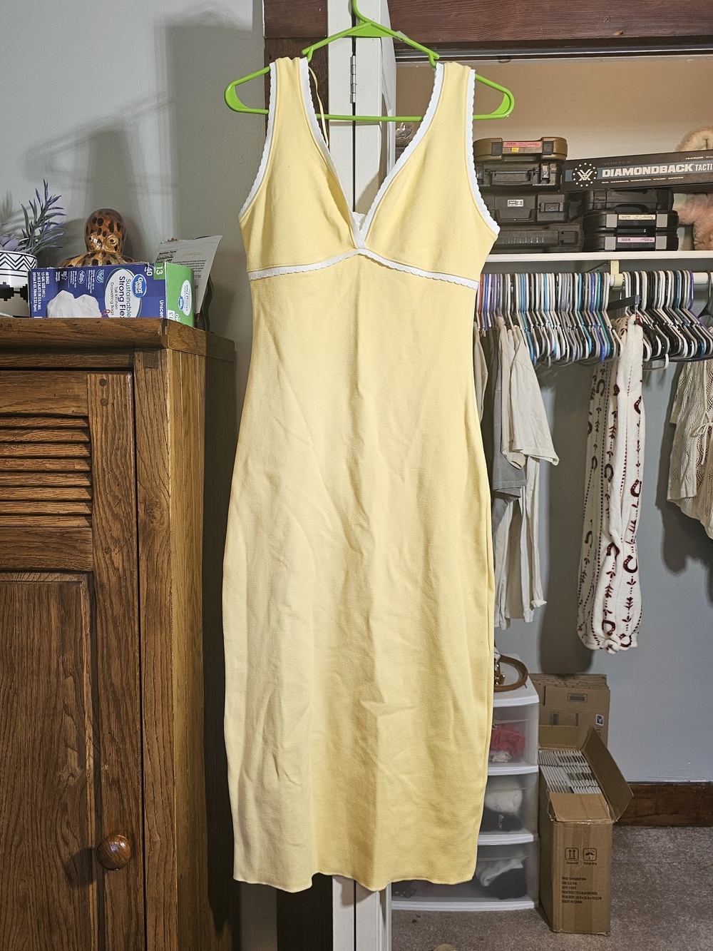 Zara Pale Yellow V-Neck Midi Dress with White Trim